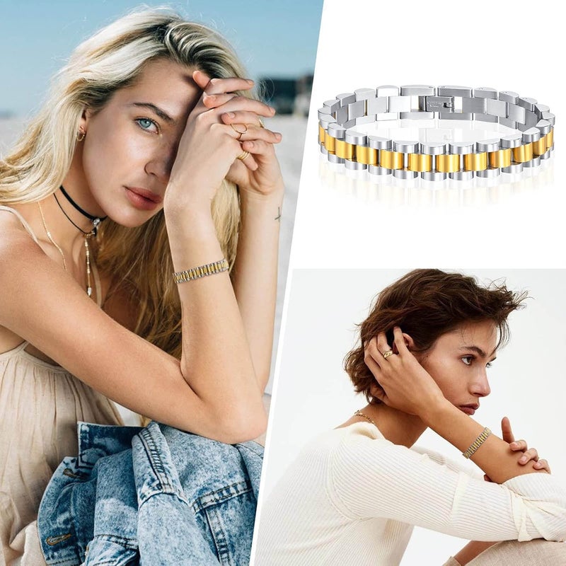 MPRAINBOW 2pcs 18K Gold Plated Chain Link Bracelet, Stainless Steel Crystal Friendship Bracelets Bangle,Watch Band Chains Wristband Jewelry with Adjust Tool - Image 2